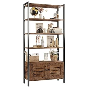 IRONCK Bookshelf and Bookcase with Two Louvered Doors and Four Shelves, 27.6″ Wide Standing Storage Cabinet for Living Room, Home Office, Bedroom, Washroom, Vintage Brown