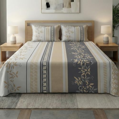 Image of Home Sizzler Microfibre Floral Striped Print All-Around Elastic Fitted Double Bedsheet (72 x 78 Inches) with 2 Pillow Covers - Beige & Grey