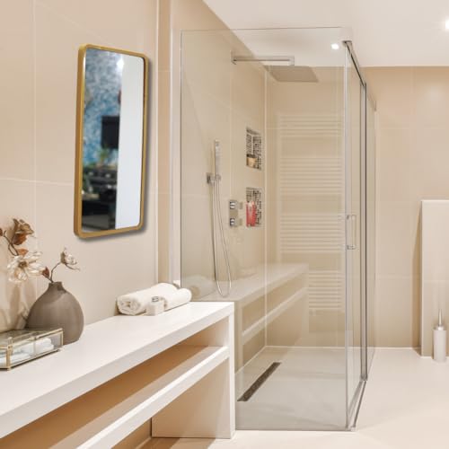 Image of Quality Glass Modern Elegance Rectangular Wall-Mounted Mirror Metal Framed Wall Mirror Bathroom Mirror Living Room Mirror Home Decor Mirror 18 x 36 Inches Golden MF 98