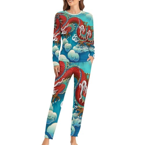Pyjama femme dragon rouge sleepwear ensemble pantalon t-shirt manches longues