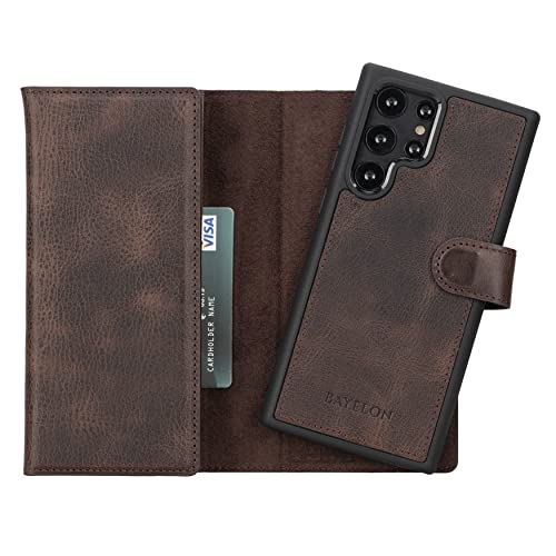 Bayelon Samsung Galaxy S22 Ultra Case, Full Grain Leather Phone Wallet, Detachable Phone Case Wallet, Tri-Fold Flip Phone Cover, Samsung Galaxy S22 Ultra Case With Card Holder, Stand (Tiguan Brown) #TOP1