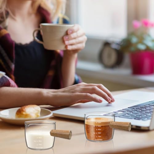 Image of Supvox Double Espresso Cup 75ml Heat Resistant Measurement Cup with Wooden Handle High Boron Glass Espresso Shot Glass with Easy Pour Spout for Home and Cafe