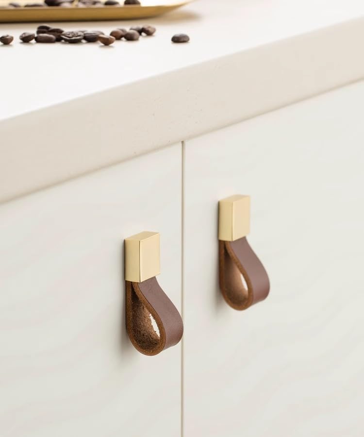 LBFEEL Kitchen Leather Drawer Pulls Gold Dresser Knob Black Cabinet Pulls Handles Europe Style Furniture Handles (Brown and Gold, 3.78" Hole Centers)