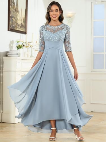 Tea Length Mother of The Bride Dresses for Women Formal Lace Appliques Chiffon Ruffled Evening Gowns with Sleeves2