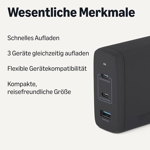 Amazon Basics USB-C-Wandladegerät mit Nano-GaN-Technologie und Schnellladefunktion, 120W, 3 Anschlüsse für Laptops, Tablets, Telefone… – Ansicht 2