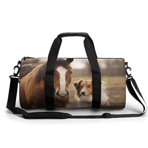 Collie Dog And Horse Together Gym Bag for Men Women, Sturdy Oxford Cloth Travel Bags with Removable Shoulder Strap, Waterproof Duffel Bag for Fitness, Travel, Yoga