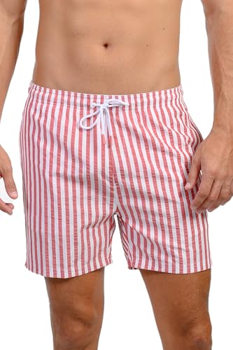 INGEAR Men's Stripe 5in Swim Trunks, Red White Blue Quick Dry Swimwear, Stretch Boxer Lining Beach Essentials Men's Shorts