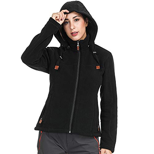 MIER Women's Heavy-Weight Polar Fleece Jacket Full Zip Thermal Outerwear with Detachable Hood, Zipper Pockets, Black, XS