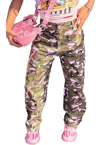 Women Plus Size Camo Cargo Pants, Stretchy High Waisted Camouflage Baggy Active Streetwear Trousers with Pockets