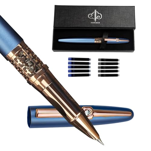 YUNCHUN Refillable Fountain Pen Fine Nib, Fancy Ink Pen with 5 Black & 5 Blue Ink Refills Cartridges, Cool Ink Pens for Writing, Business Metal, Best Gift Set for Men & Women, Blue