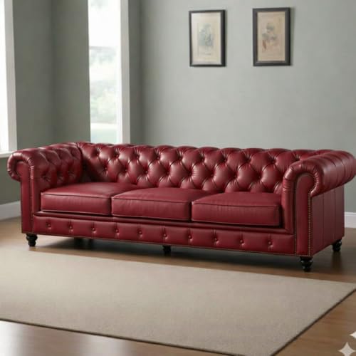 Image of Classic Leatherette Chester Sofa Set Button Tufted, Classic Style Sofa Set for Living Room, Office, and Hallway Colour (Maroon Leatherette, 3 Seater Sofa)