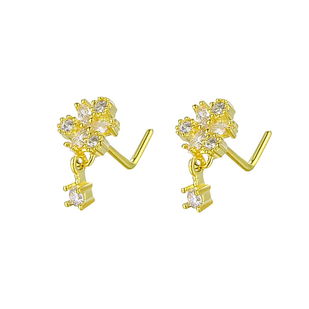 Niaspi 2Pcs 20G CZ Flower Dangle Nose Rings for Women Stainless Steel L-Shaped Nose Studs Rings Dangling Nostril Nose Piercing Jewelry