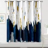 Navy Blue White Brown Oil Painting Room Darkening Blackout Curtains 84 Inches Long, Abstract Art Omb