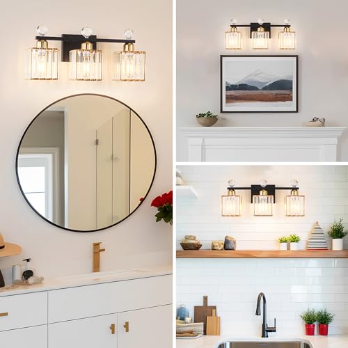 Image of Lxybcce Bathroom Vanity Lights Over Mirror - Easy Installation with Clear Guide, 3-Light Shadow-Free Design, Black and Gold Crystal Finish - for Modern Home Bathroom Lighting Fixtures in DIY Projects