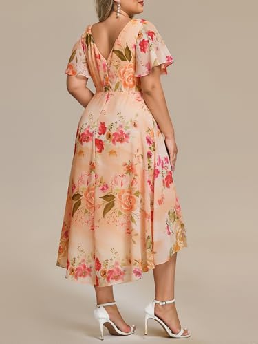 Image of Ever-Pretty Plus Summer Short Sleeves V-Neck Formal Wedding Guest Dresses for Curvy Women Chiffon Midi Cocktail Party Dress
