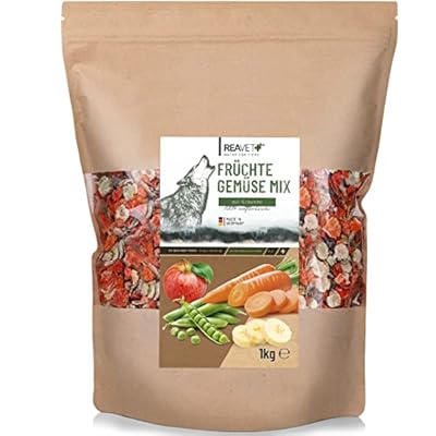 HÖCHSTE QUALITÄT - Schonend getrocknete, getreidefreie Mischung aus heimischen Früchten und Gemüse: Karottenflocken, Erbsenflocken, Petersilie, Brennnesselkraut, Apfel, Pfirsich und Banane – ideal für eine getreidefreie Hundeernährung NATÜRLICH & NÄH...