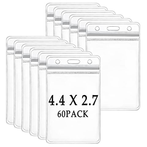 60 Pcs ID Card Badge Holder - Extra Thick Clear Plastic Vertical Name Badge ID Card Holders with Waterproof Resealable Zipper Cover