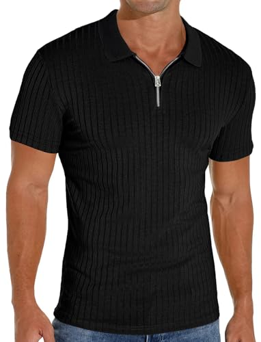 Camiseta polo para hombre con cuello cerrado, ajuste slim, manga corta, escote en V y cremallera, estilo casual y elegante miniatura 1