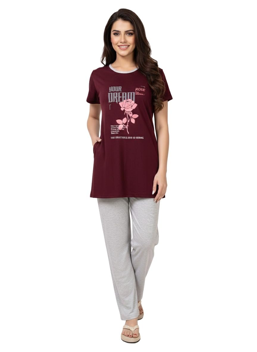 Plus Size Cotton Printed Long Night Suits Dresses Set for Women-image-34