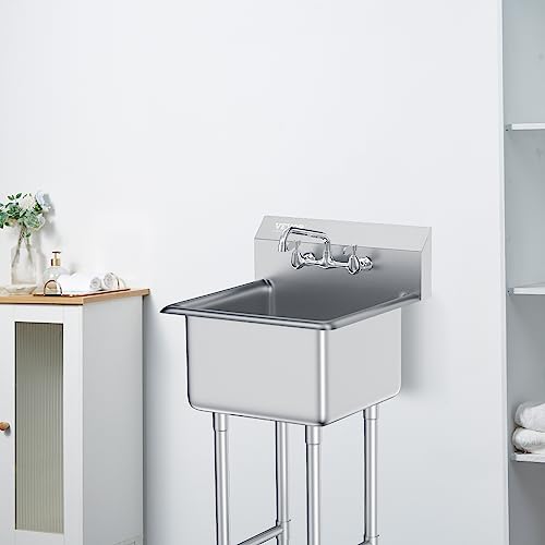 Image of VEVOR Stainless Steel Prep & Utility Sink, 1 Compartment Free Standing Small Sink Include Faucet & legs, 21 inchx18 inch Commercial Single Bowl Sinks for Garage, Restaurant, Kitchen, Laundry