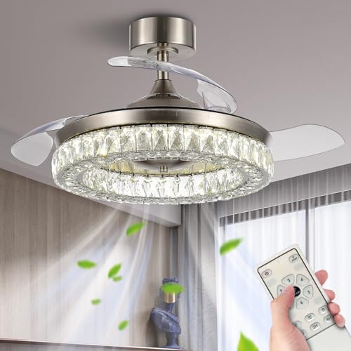 42'' Fandelier Ceiling Fans with Light and Remote, Modern Retractable Crystal Ceiling Fan for Bedroom, Living Room,6-Speed, 3-Color Temperature, Reversible DC Motor - Brushed Nickel