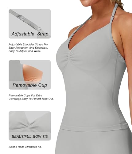 Womens Halter Tank Tops Longline Strappy Top with Built-in Bra V Neck Backless Gym Workout Camis with Adjustable Strap Light Gray — view 6