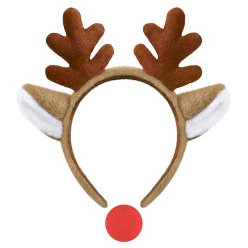duludulu Reindeer Antlers, Christmas Headbands Animal Ears Hairband with Red Nose Halloween Deer Headwear Festive Cosplay Party for Adults Women Girl Kids, Brown