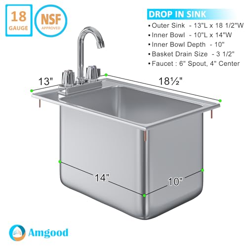 Image of Stainless Steel 1 Compartment Drop-In Sink Bowl 10 in. x 14 in. x 10 in. With Faucet