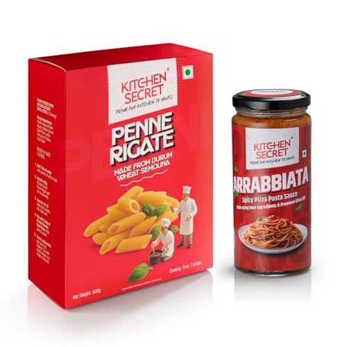 Image of Kitchen Secret Sauce Combo | Penne Pasta 500g + Arrabbiata Sauce 390g | Pure Durum Wheat | Egg Free, No Maida, Trans Fat Free | Spicy Pasta Kit with Real Ingredients