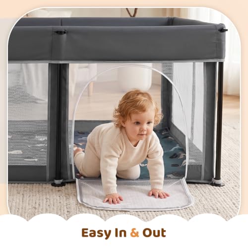 Image of 50inch Foldable Baby Playpen Collapsible Play Yard with Mat /Ocean Balls /Bag (Gray, 50 * 50 * 25.59inch)