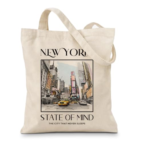 Geondos New York City Tote Bag, Women Shoulder Bag, NYC Travel Souvenir Gift, Times Square Urban Cityscape Illustration Pattern Carryall for Work Shopping Daily Use
