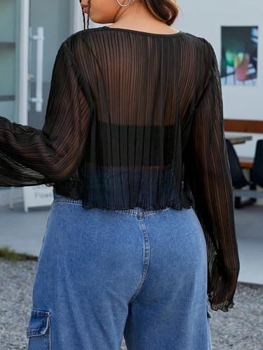 Floerns Women's Plus Size Sheer Mesh See Through Bell Long Sleeve Blouse2