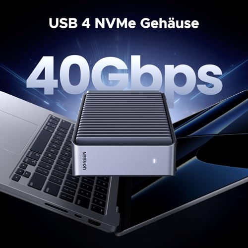 UGREEN 40Gbbps M2 SSD Gehäuse, USB4 nvme gehäuse kompatibel mit Thunderbolt 4 bis zu 3848MB/s, M.2 NVMe SSD Gehäuse kompatibel mit Mac mini M4, MacBook Pro M5 Pro/M5 Max, ASUS Z890