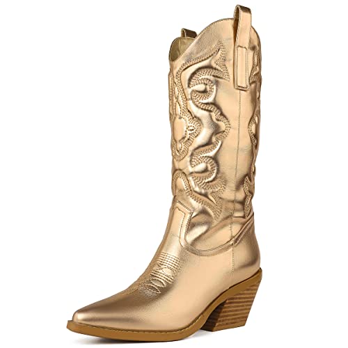 So Simpok Cowboy Boots For Women Embroidered Stitching Chunky Stacked Heel Cowgirl Boots Snip Toe Slip On Mid Calf Western Boots #TOP9
