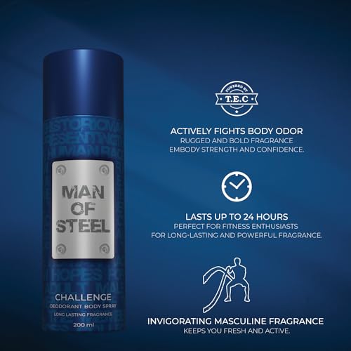 Image of Denver MAN OF STEEL Challenge Deodorant Body Spray - 200ML Each, Pack of 2 | Deodorant For Men