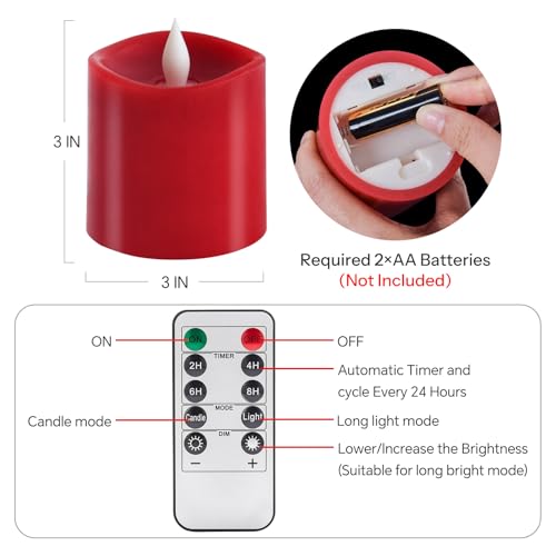 Image of 3x3 Flickering Flameless Candles Set of 1, Real Wax Pillar LED Candles Flickering, 3 inch Flameless Candles with Remote,Battery Powered Candles, for Party /Wedding,Red