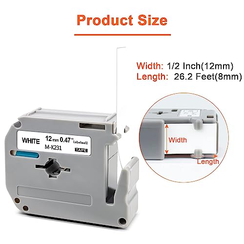 6x Labelwell kompatybilny z Brother M-K231 12mm taśma etykietowa do Brother M-K231S MK231S MK231BZ biały zamiennik dla Brother PTouch PT-65 PT-60 PT-90 PT-M95 PT-55 PT-70 PT-80 PT-85, czarny na białym