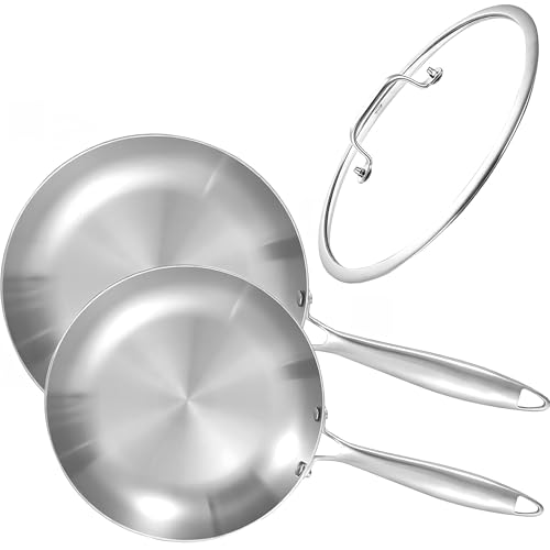 LOLYKITCH 8.5-10 Inch Tri-ply Stainless Steel Frying Pan Set with Lid,Skillets,Induction...