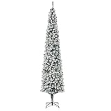 HOMCOM 9 FT Artificial Snow Flocked Christmas Tree, Winter Style Holiday Xmas Pencil Tree with Foldable Steel Stand Home Indoor Decoration, Green