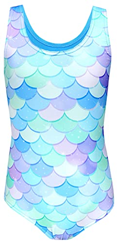 Aquarti Badeanzug Mädchen – Sportlicher Mädchen Badeanzug mit Ringerrücken Print, Farbe: Meerjungfrau Blau/Grün/Violett, Größe: 122