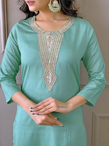 Image of Naixa Women's Rayon Embroidery Printed Straight Kurta with Pant and Dupatta Sets for Wedding Party and Festival Wear (NX3 508-Firoji-XS)