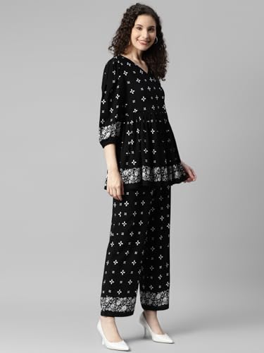 Image of DEEBACO Women's Ethnic Motif Print Rayon Top & Pants Co Ord Set for Women V Neck 3 /4 Puff Sleeve Ladies Party Casual Wear Fashionable for Girls Loose Fit Cord Set (DBCOMR00000981 XL Black)