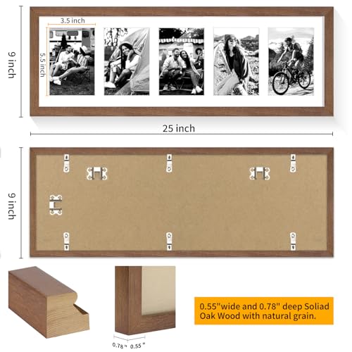 8x24 Oak Wood Picture Frame - 8x24 Photo Frame with Mat Display 5Pcs 4x6 Photos, 4x6 Picture Frame Wood, Natural Solid Wooden Picture Frames for Wall Art Photo and Prints(3 Pack, Walnut)