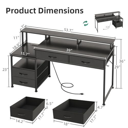 Image of MUTUN 53 inch Computer Desk with 4 Drawers & Power Outlets, Reversible Home Office Desk with Monitor Stand & Printer Stand, Gaming Desk with Led Lights, Study Writing Work Desk Table for Bedroom (Black)