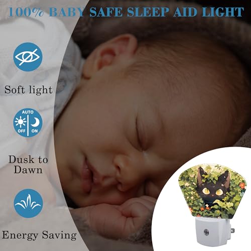 Image of Cute Black Cat in Grass Night Light for Kids Girls Boys, Black Cat LED Night Light Plug into Wall with Dusk to Dawn Sensor for Bedroom, Hallway, Kitchen, Bathroom, Stairs Decor