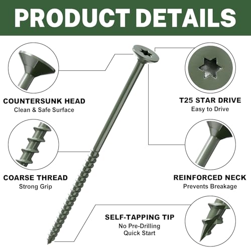 Image of LIONMAX Deck Screws 4 Inch, Wood Screws #10 x 4, 300 PCS, Rust Resistant, Exterior Epoxy Coated, Outdoor Decking Screws, Torx /Star Drive Head Screw, T25 Star Bit Included, Green