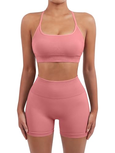 Image of SUUKSESS Women Seamless Workout Sets Strappy Sports Bra High Waist Booty Shorts Outfits