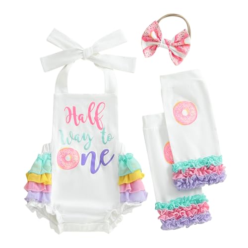 Canis Baby Girl Half Birthday Outfit Half Way to One Donut Ruffle Romper Headband Leg Warmers 6 Month Birthday Set (White 3-6 Months)