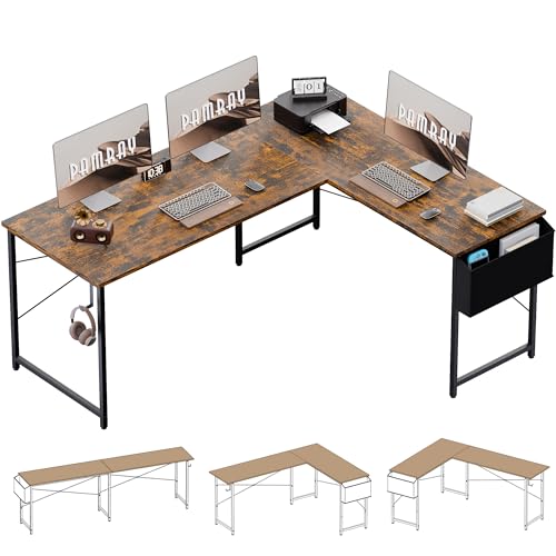 Image of Pamray 64.5 Inch Reversible L Shaped Gaming Desk Large Corner Computer Desk with Storage Bag Home Office Table for Writing Study Vintage