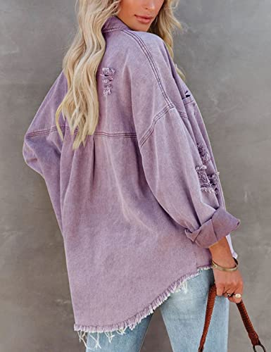 Lumister Womens Causal Oversized Soft Lightweight Distressed Jean Jacket Ripped Fringe Long Sleeve Denim Jacket Shacket (0222-Purple-S) #TOP3